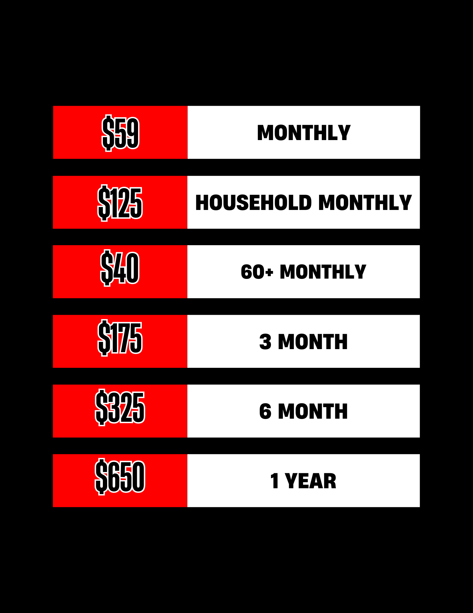 365 Fitness membership rates: $59 monthly, $125 household monthly, $40 60+ monthly, $175 for 3 months, $325 for 6 months, and $650 for 1 year.